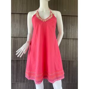🔥Vintage Globus Halter Embroidered Mother Pearl Embellished Dopamine Pink Dress